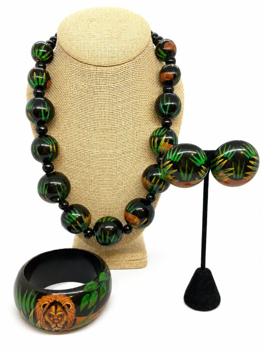 VINTAGE WOOD NECKLACE Set Beaded Lion Bangle Earrings Jungle Cat Chunky Boho